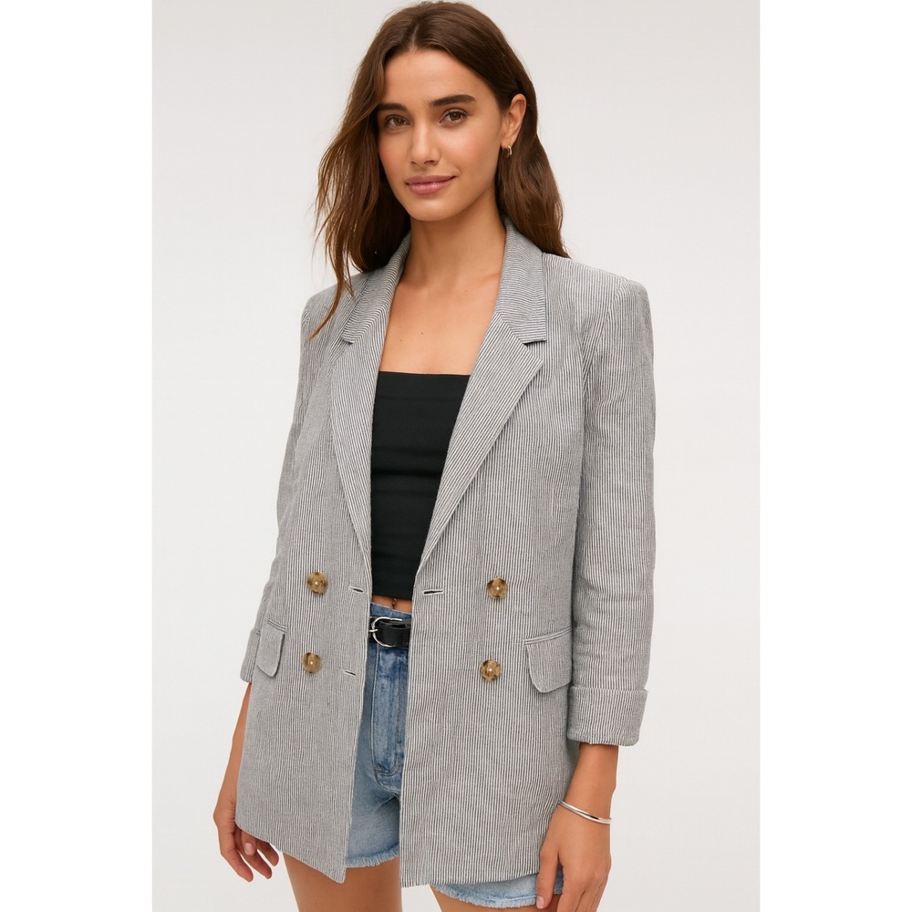 Abercrombie & Fitch Pinstripe Double‎ Breasted Linen Blend Slouchy Blazer Small